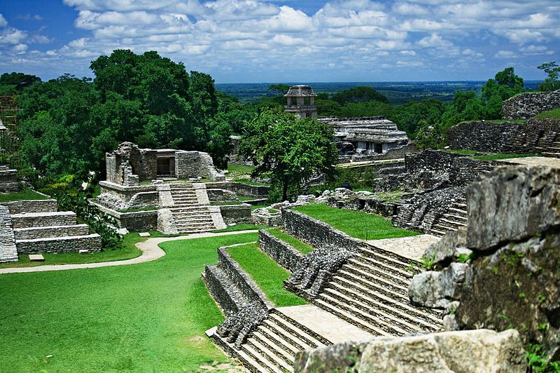 Overview of the central plaza of the Mayan city of Palenque (Chiapas, Mexico), an example of Classic period Mesoamerican Architecture