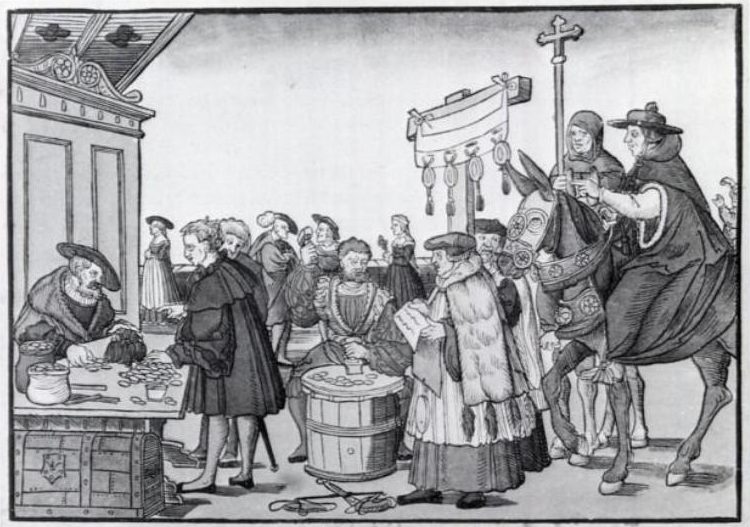 The sale of indulgences shown in A Question to a Mintmaker, woodcut by Jörg Breu the Elder of Augsburg, ca. 1530