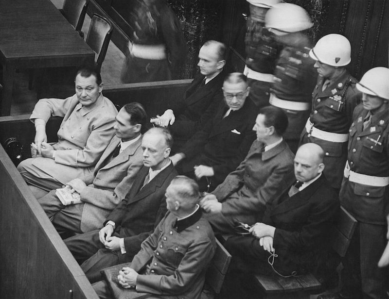 Defendants in the dock. The main target of the prosecution was Hermann Göring (at the left edge on the first row of benches), considered to be the most important surviving official in the Third Reich after Hitler's death