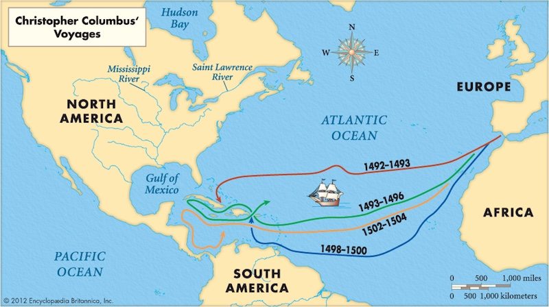 The routes of the four Voyages of Christopher Columbus