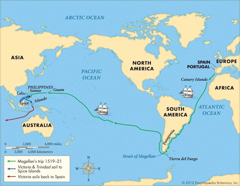 French map of the first world circumnavigation of Ferdinand de Magellan and Juan Sebastián Elcano, from 1519 to 1522
