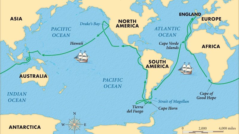 Map that shows the circumnavigation travel of Francis Drake between 1577 and 1580