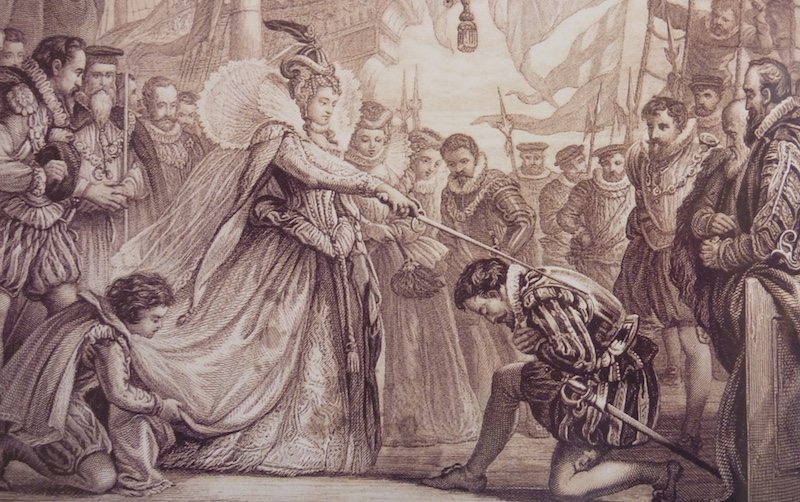Historical depiction of Queen Elizabeth knighting Francis Drake