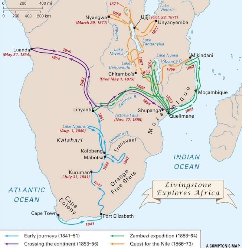 The journeys of Livingstone in Africa between 1851 and 1873