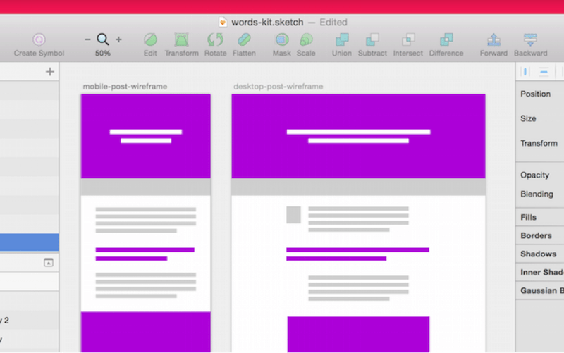 Wireframes of the single article view, at mobile and desktop resolution.