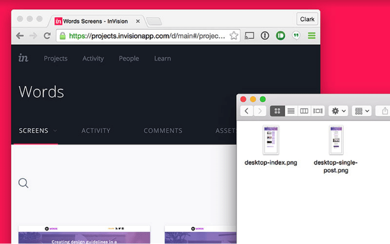 Save the files to the project folder inside your InVision Sync folder (or Dropbox, or Box). As soon as you save the files into your local folder (lower right), they'll be uploaded and reflected inside your InVision project online (left).