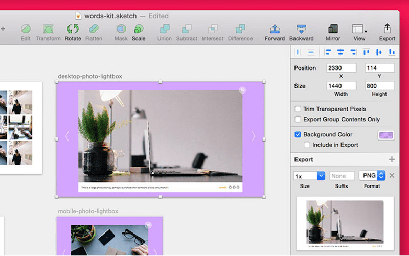 Start by exporting the artboard that has the overlay on it, desktop-photo-lightbox. In our .sketch file, I've included a light purple background effect on the artboard, but I don't want it on my exported PNG file, so I'll uncheck Include in Export in The Inspector.