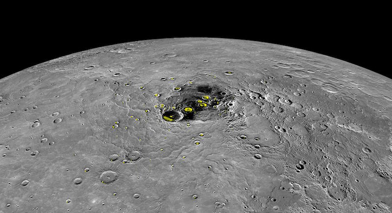 Water ice (yellow) at Mercury's north polar region