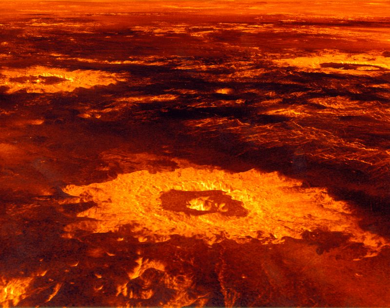Impact craters on the surface of Venus (false-colour image reconstructed from radar data)