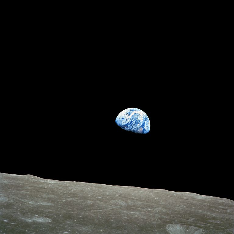 "Earthrise", the first photograph of Earth as a celestial body, taken by astronauts on board Apollo 8