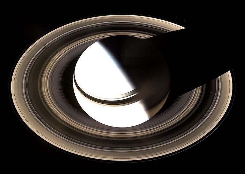 The rings of Saturn (imaged here by Cassini in 2007) are the most massive and conspicuous in the Solar System