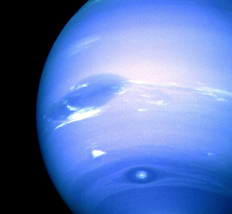The Great Dark Spot (top), Scooter (middle white cloud), and the Small Dark Spot (bottom), with contrast exaggerated