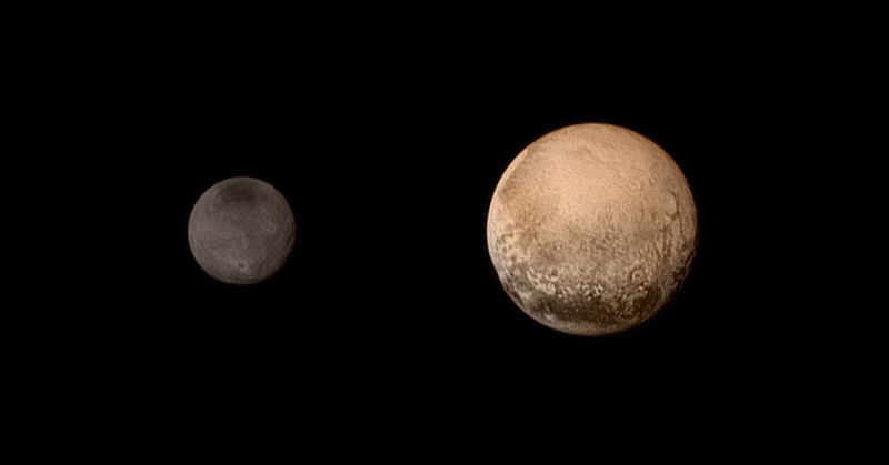 Pluto and Charon as viewed by New Horizons (natural color; July 11, 2015)
