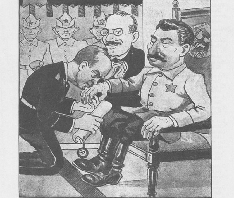 Mucha weekly, Warsaw - The Prussian Tribute in Moscow. Satire of the Ribbentrop-Molotov pact. Cartoon printed on September 8th 1939.