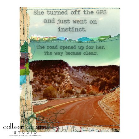 Mixed media collage print "GPS" by Colleen Attara